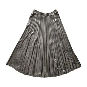 Tullea Silver Metallic Shiny Pleated Elastic Waist Midi Classic Heritage Skirt S